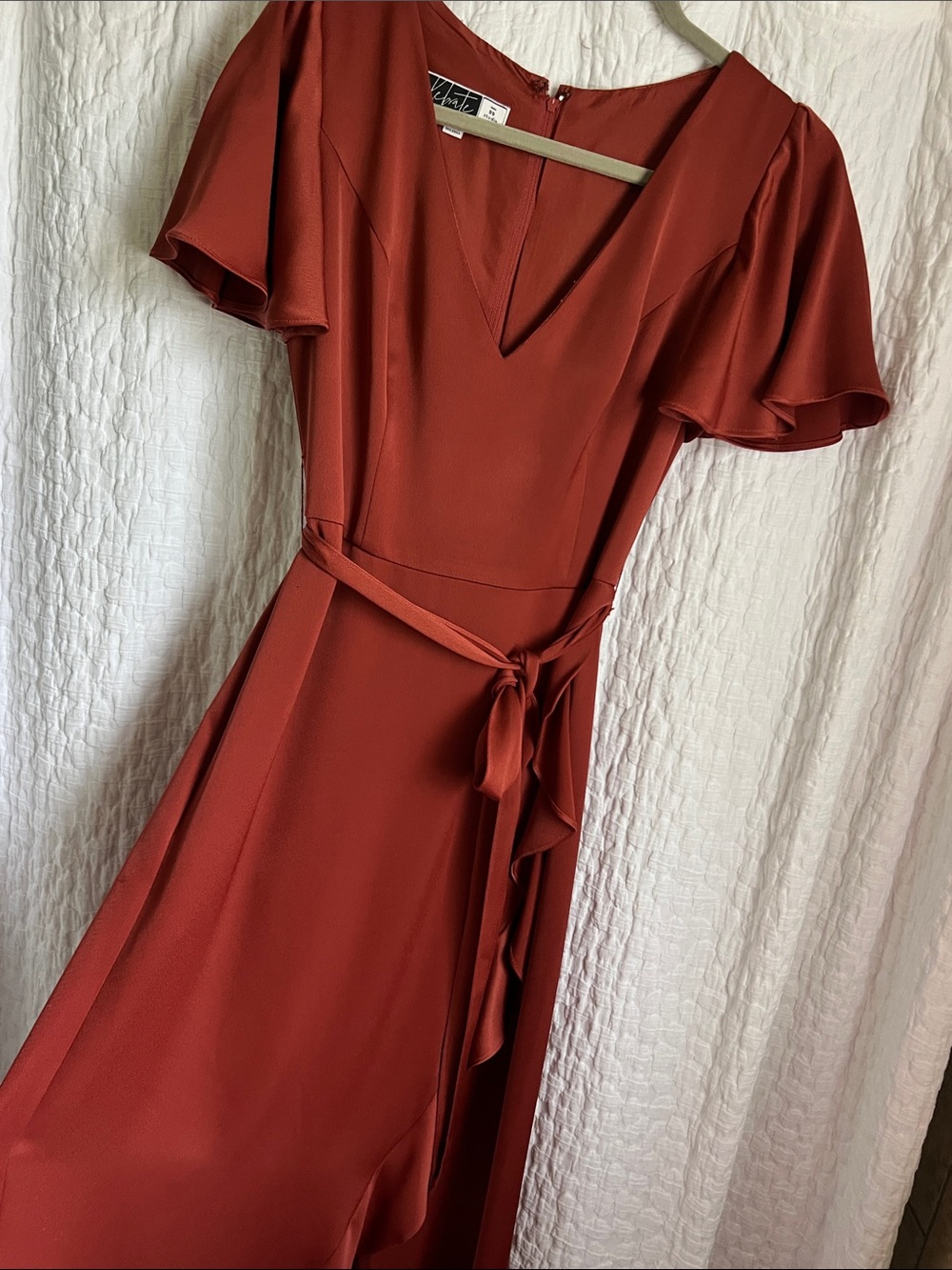 David’s Bridal Cinnamon faux Wrap Dress flutter sleeve side slit